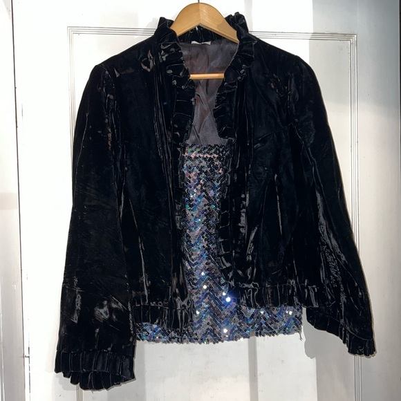 Vintage 90s Crushed Velvet ruffled edges evening jacket & sequin tank top - Picture 1 of 11